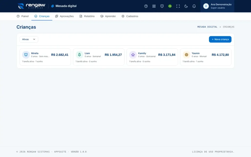 App Mesada digital, tela Crianças