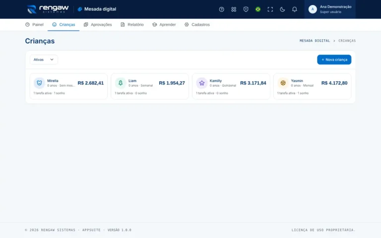 App Mesada digital, tela Crianças