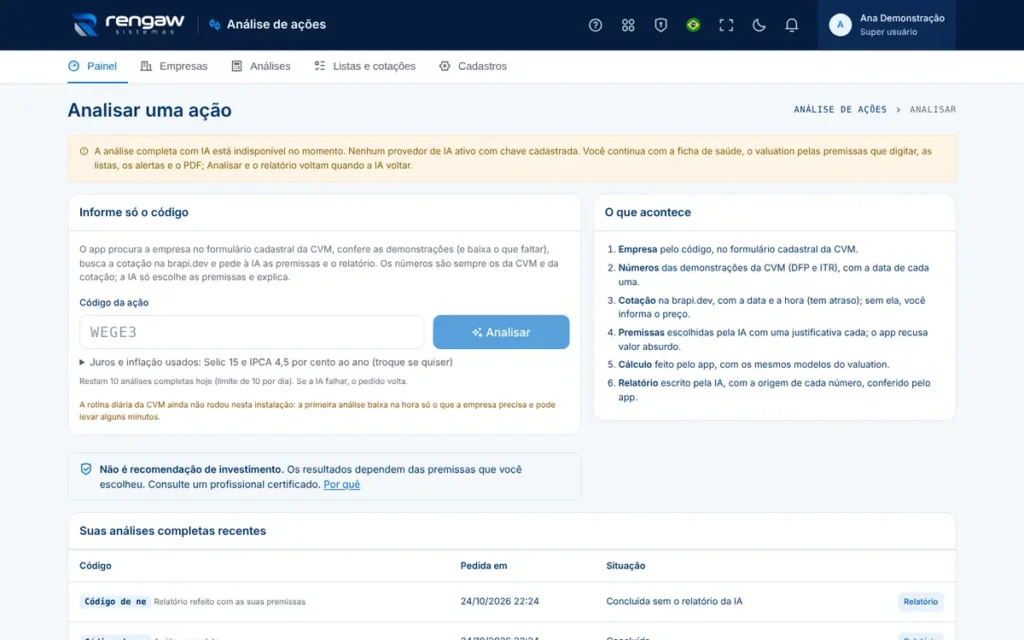 App Análise de ações, tela Analisar uma ação · AppSuite