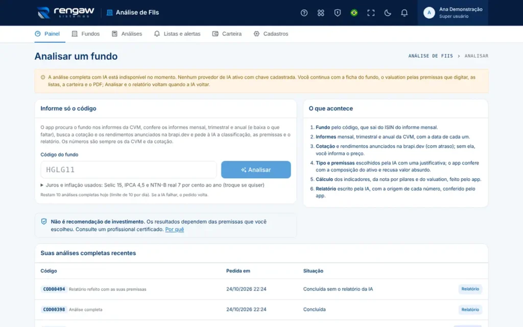 App Análise de FIIs, tela Analisar um fundo · AppSuite