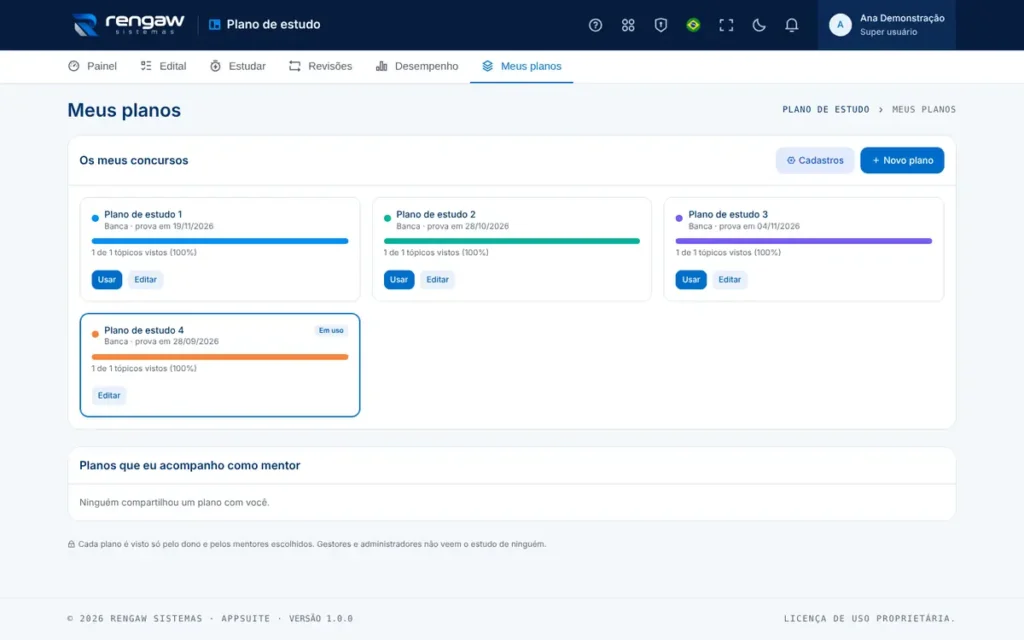 App Plano de estudo, tela Meus planos