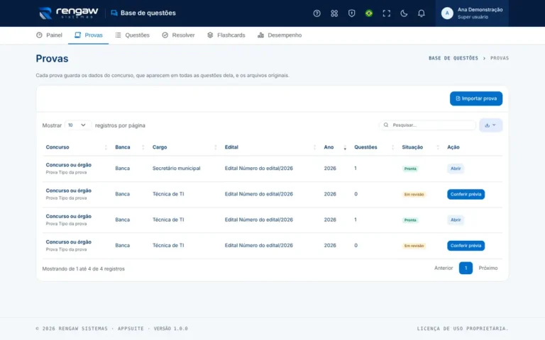 App Base de questões, tela Provas