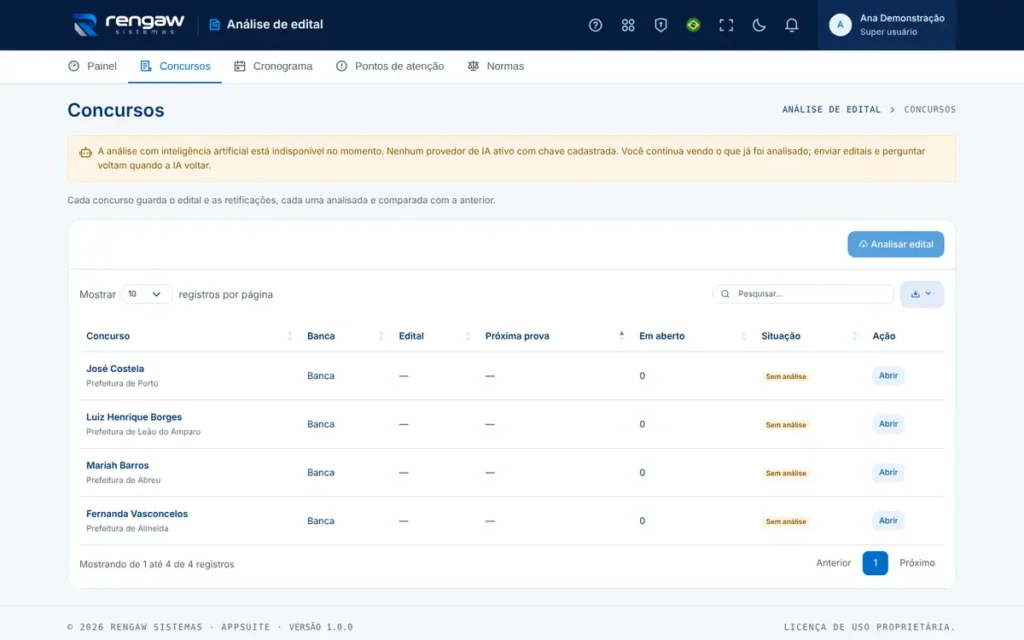 App Análise de edital, tela Concursos