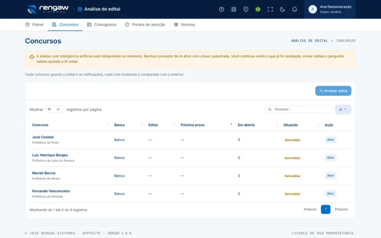 App Análise de edital, tela Concursos