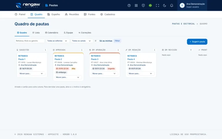 App Pautas e editorial, tela Quadro
