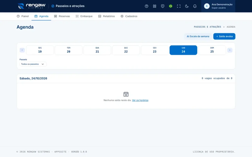 App Passeios e atrações, tela Agenda