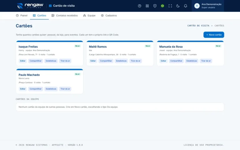 App Cartão de visita, tela Cartões · Cartão de visita