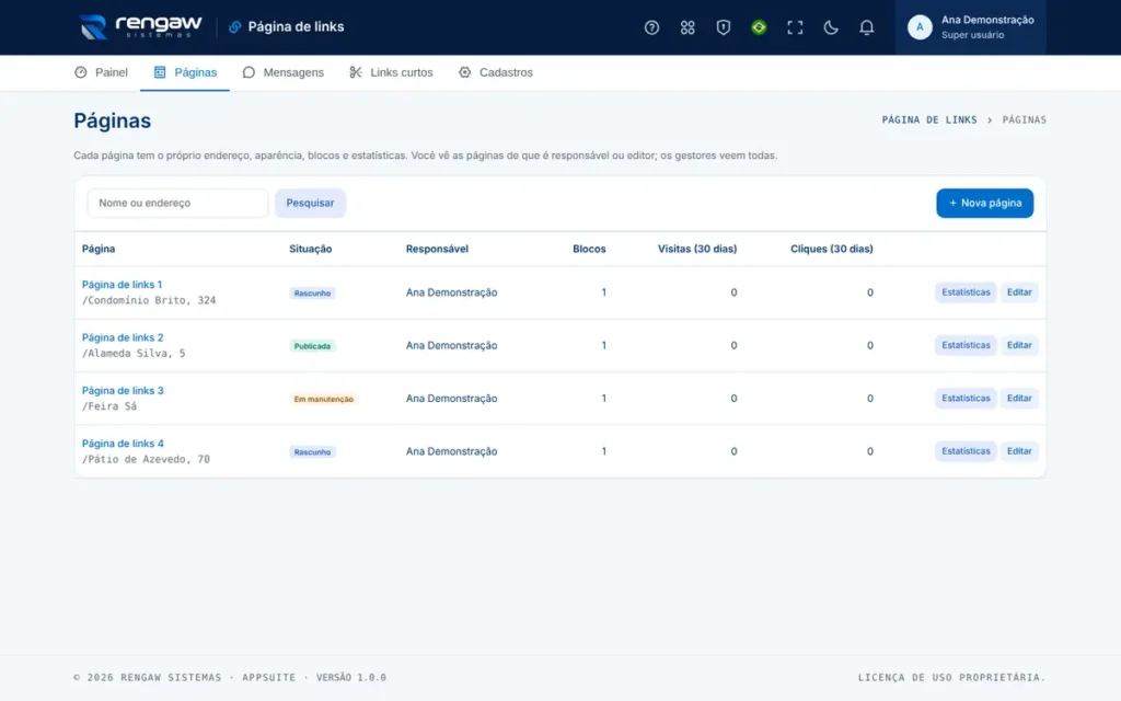 App Página de links, tela Páginas